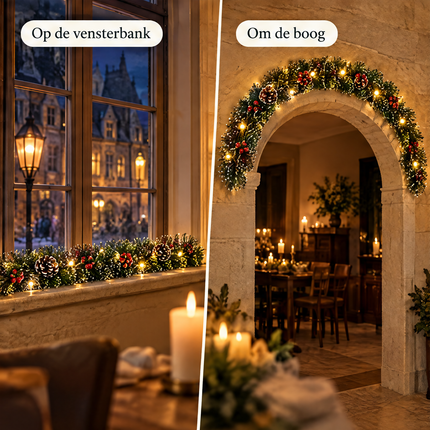 infographic opus55 infographic 5 - Cheqo® Kerstslinger 270 cm met Dennenappels, Rode Bessen, Witte Puntjes en 30 LED Warm Wit