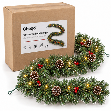 infographic opus55 verpakking - Cheqo® Kerstslinger 270 cm met Dennenappels, Rode Bessen, Witte Puntjes en 30 LED Warm Wit