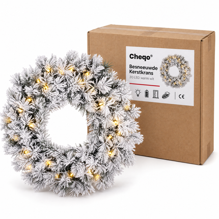 infographic opus55 verpakking - Cheqo® Kerstkrans 60 cm met Sneeuw en 30 LED Warm Wit