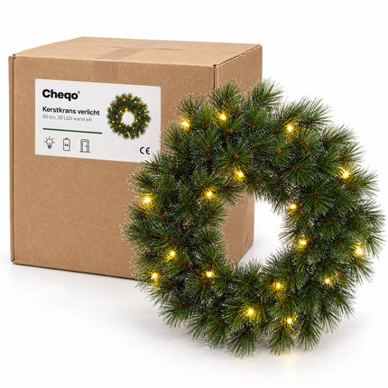 infographic opus55 verpakking - Cheqo® Kerstkrans 60 cm met Witte Naaldpuntjes en Verlichting Warm Wit