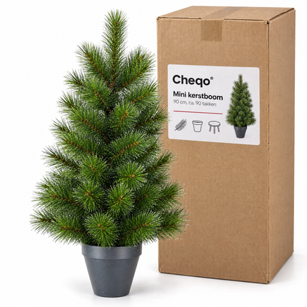 infographic opus55 verpakking - Cheqo® Mini Kerstboom 90 cm met Witte Naaldpuntjes zonder Verlichting
