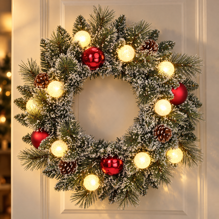 infographic opus55 hoofdafbeelding - Cheqo® Kerstkrans 45 cm met Sneeuw en Verlichting Warm Wit