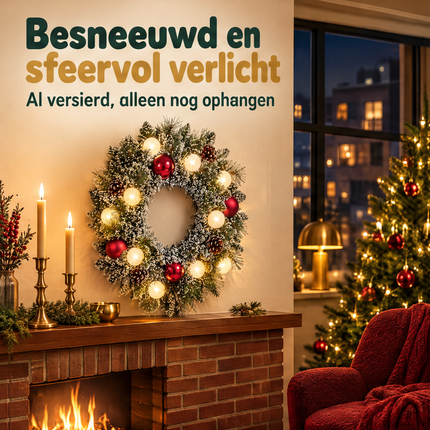 infographic opus55 infographic 1 - Cheqo® Kerstkrans 45 cm met Sneeuw en Verlichting Warm Wit