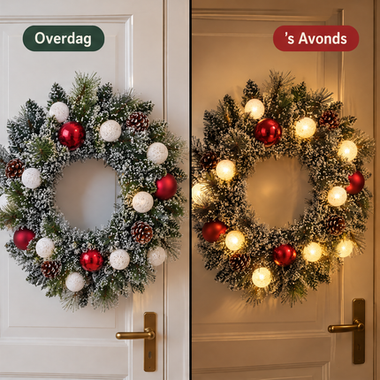 infographic opus55 infographic 3 - Cheqo® Kerstkrans 45 cm met Sneeuw en Verlichting Warm Wit