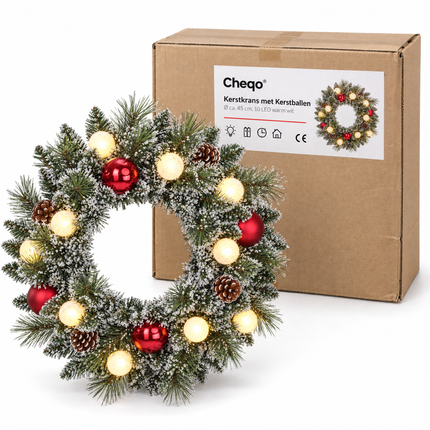 infographic opus55 verpakking - Cheqo® Kerstkrans 45 cm met Sneeuw en Verlichting Warm Wit