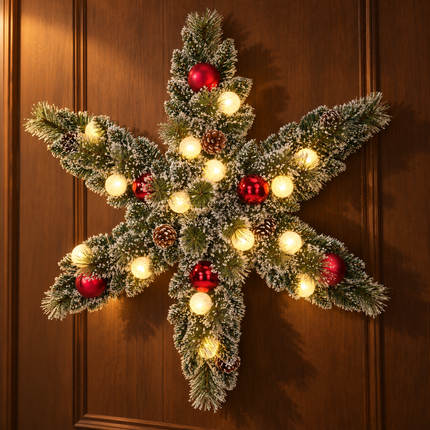 infographic opus55 hoofdafbeelding - Cheqo® Kerstkrans 60 cm Stervorm met Sneeuw en Verlichting Warm Wit