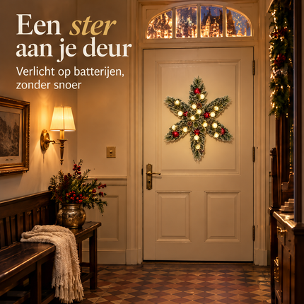 infographic opus55 infographic 1 - Cheqo® Kerstkrans 60 cm Stervorm met Sneeuw en Verlichting Warm Wit
