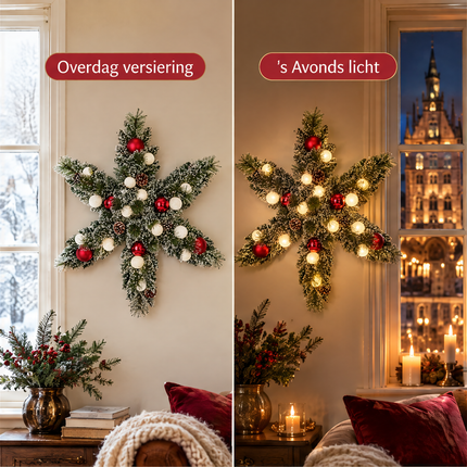 infographic opus55 infographic 2 - Cheqo® Kerstkrans 60 cm Stervorm met Sneeuw en Verlichting Warm Wit