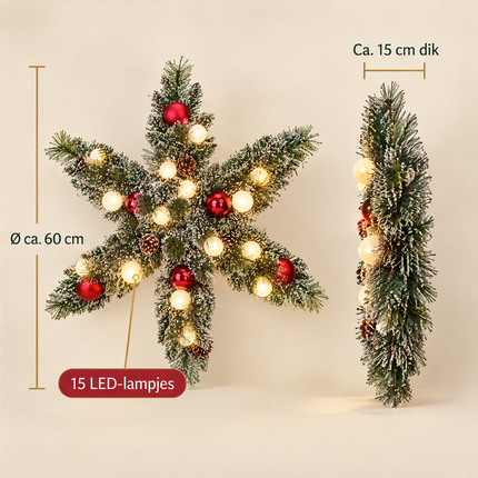 infographic opus55 infographic 6 - Cheqo® Kerstkrans 60 cm Stervorm met Sneeuw en Verlichting Warm Wit