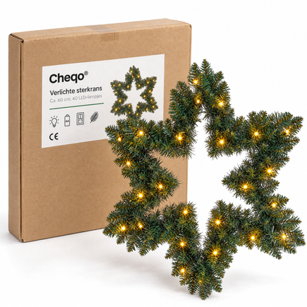 infographic opus55 verpakking - Cheqo® Kerstkrans 60 cm Ster met Verlichting Warm Wit