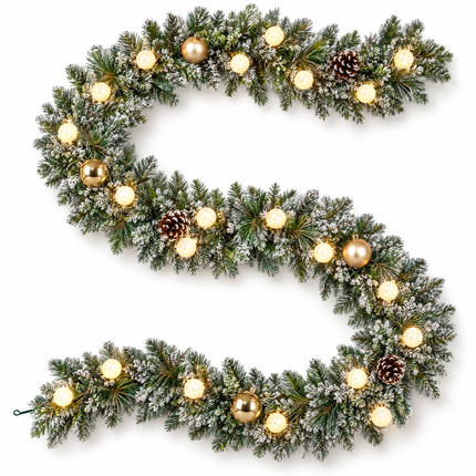 infographic opus55 hoofdafbeelding - Cheqo® Kerstslinger 270 cm Besneeuwd met Gouden Kerstballen en 20 LED Warm Wit