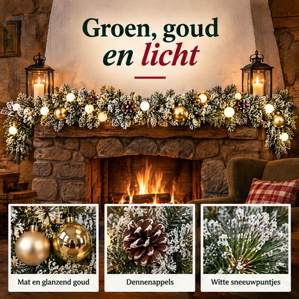 infographic opus55 infographic 2 - Cheqo® Kerstslinger 270 cm Besneeuwd met Gouden Kerstballen en 20 LED Warm Wit