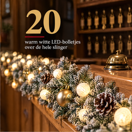 infographic opus55 infographic 3 - Cheqo® Kerstslinger 270 cm Besneeuwd met Gouden Kerstballen en 20 LED Warm Wit