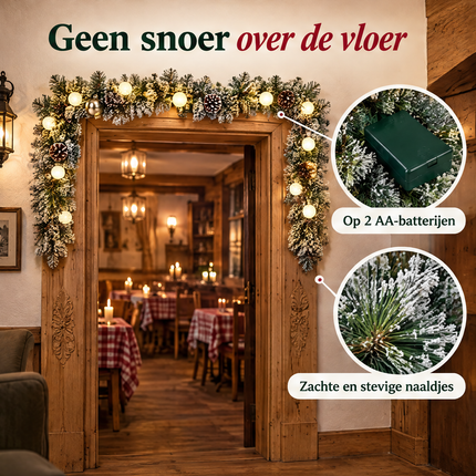 infographic opus55 infographic 4 - Cheqo® Kerstslinger 270 cm Besneeuwd met Gouden Kerstballen en 20 LED Warm Wit