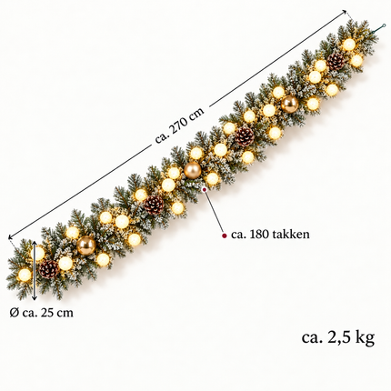 infographic opus55 infographic 5 - Cheqo® Kerstslinger 270 cm Besneeuwd met Gouden Kerstballen en 20 LED Warm Wit