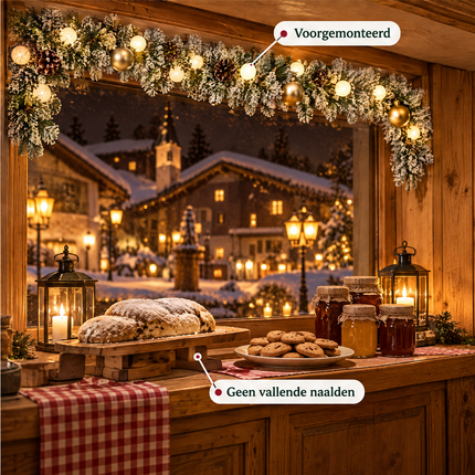 infographic opus55 infographic 6 - Cheqo® Kerstslinger 270 cm Besneeuwd met Gouden Kerstballen en 20 LED Warm Wit