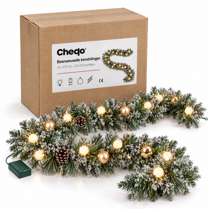 infographic opus55 verpakking - Cheqo® Kerstslinger 270 cm Besneeuwd met Gouden Kerstballen en 20 LED Warm Wit
