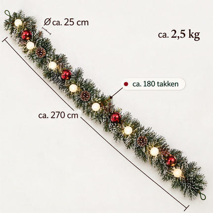 infographic opus55 infographic 3 - Cheqo® Kerstslinger 270 cm Besneeuwd met Rode Kerstballen en 20 LED Warm Wit