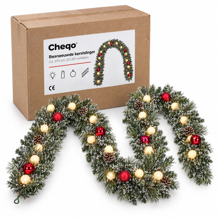 infographic opus55 verpakking - Cheqo® Kerstslinger 270 cm Besneeuwd met Rode Kerstballen en 20 LED Warm Wit