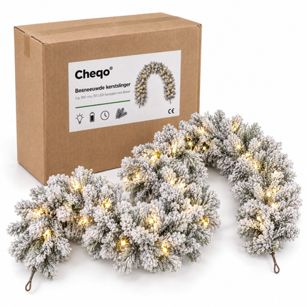 infographic opus55 verpakking - Cheqo® Kerstslinger 180 cm met Sneeuw en 30 LED Warm Wit