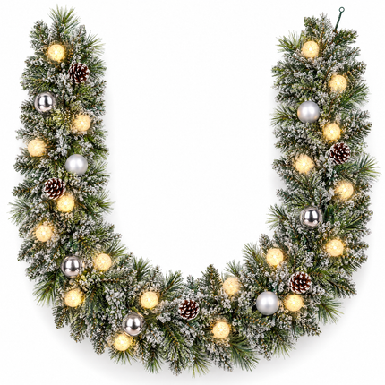 infographic opus55 hoofdafbeelding - Cheqo® Kerstslinger 270 cm Besneeuwd met Zilveren Kerstballen en 20 LED Warm Wit