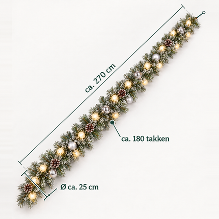 infographic opus55 infographic 3 - Cheqo® Kerstslinger 270 cm Besneeuwd met Zilveren Kerstballen en 20 LED Warm Wit