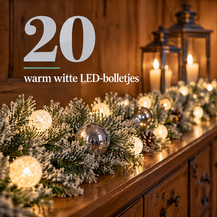 infographic opus55 infographic 6 - Cheqo® Kerstslinger 270 cm Besneeuwd met Zilveren Kerstballen en 20 LED Warm Wit