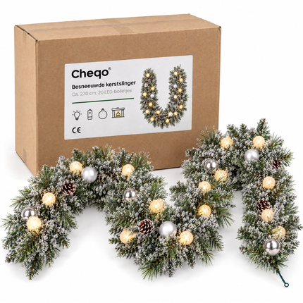 infographic opus55 verpakking - Cheqo® Kerstslinger 270 cm Besneeuwd met Zilveren Kerstballen en 20 LED Warm Wit