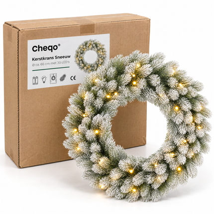 infographic opus55 verpakking - Cheqo® Kerstkrans 60 cm met Sneeuw en Verlichting Warm Wit