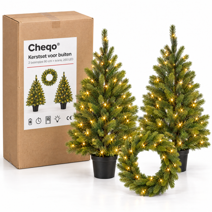 infographic opus55 verpakking - Cheqo® Kerstboompjes Set van 2 met Kerstkrans voor Buiten