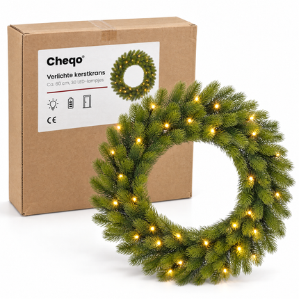 infographic opus55 verpakking - Cheqo® Kerstkrans 60 cm Groen met Verlichting Warm Wit
