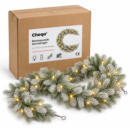 infographic opus55 verpakking - Cheqo® Kerstslinger 270 cm met Sneeuw en 30 LED Warm Wit