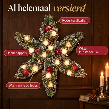 infographic opus55 infographic 3 - Cheqo® Kerstkrans 90 cm Stervorm met Sneeuw en Verlichting Warm Wit
