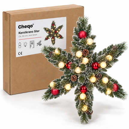 infographic opus55 verpakking - Cheqo® Kerstkrans 90 cm Stervorm met Sneeuw en Verlichting Warm Wit