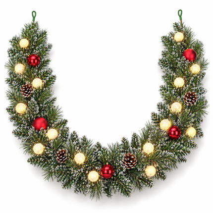 infographic opus55 hoofdafbeelding - Cheqo® Kerstslinger 180 cm Besneeuwd met Rode Kerstballen en 15 LED Warm Wit