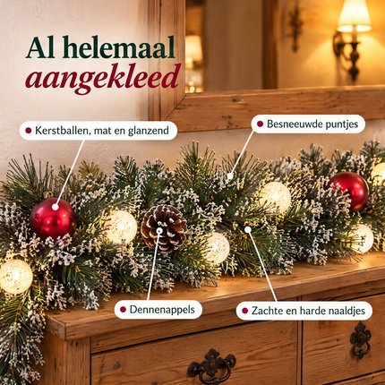 infographic opus55 infographic 2 - Cheqo® Kerstslinger 180 cm Besneeuwd met Rode Kerstballen en 15 LED Warm Wit