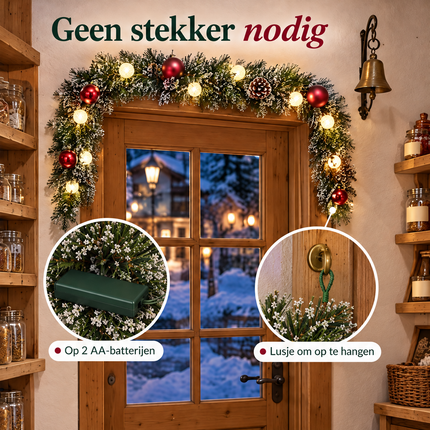 infographic opus55 infographic 3 - Cheqo® Kerstslinger 180 cm Besneeuwd met Rode Kerstballen en 15 LED Warm Wit