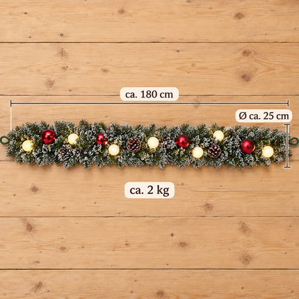 infographic opus55 infographic 4 - Cheqo® Kerstslinger 180 cm Besneeuwd met Rode Kerstballen en 15 LED Warm Wit