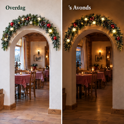 infographic opus55 infographic 5 - Cheqo® Kerstslinger 180 cm Besneeuwd met Rode Kerstballen en 15 LED Warm Wit
