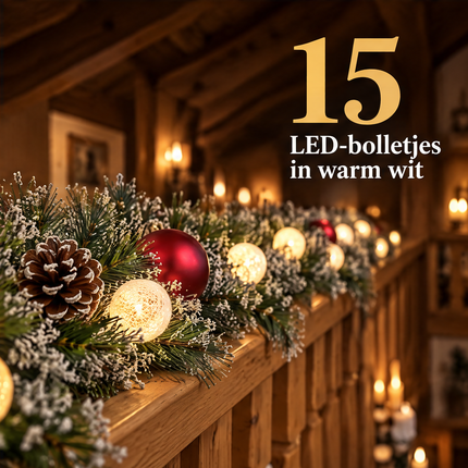 infographic opus55 infographic 6 - Cheqo® Kerstslinger 180 cm Besneeuwd met Rode Kerstballen en 15 LED Warm Wit