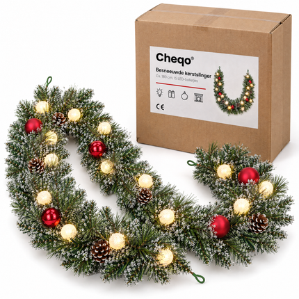 infographic opus55 verpakking - Cheqo® Kerstslinger 180 cm Besneeuwd met Rode Kerstballen en 15 LED Warm Wit
