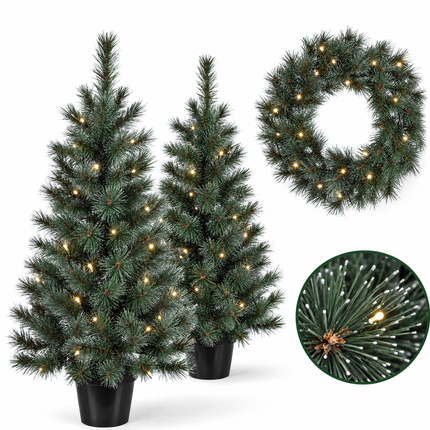 infographic opus55 hoofdafbeelding - Cheqo® Kerstboompjes Set van 2 met Kerstkrans en Witte Naaldpuntjes