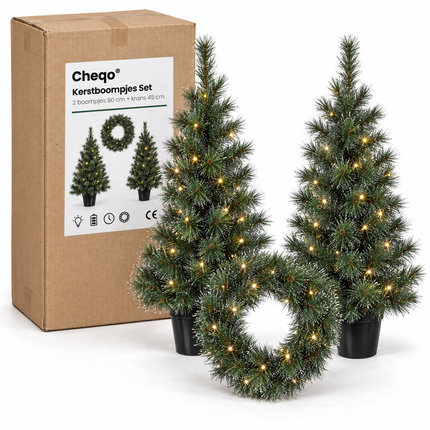 infographic opus55 verpakking - Cheqo® Kerstboompjes Set van 2 met Kerstkrans en Witte Naaldpuntjes
