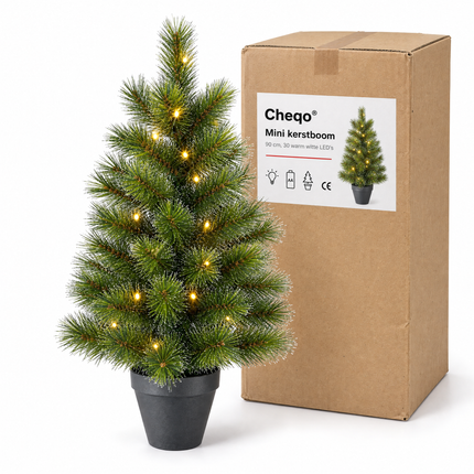 infographic opus55 verpakking - Cheqo® Mini Kerstboom 90 cm met Witte Naaldpuntjes en Verlichting Warm Wit