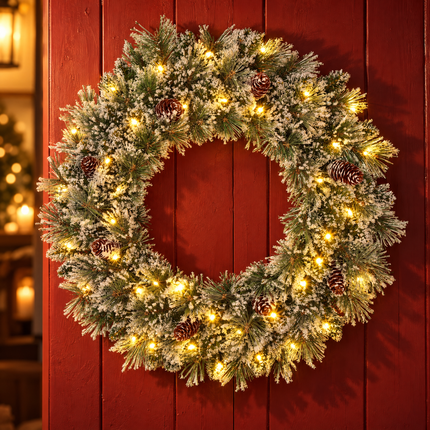 infographic opus55 hoofdafbeelding - Cheqo® Kerstkrans 60 cm met Sneeuw en Verlichting Warm Wit