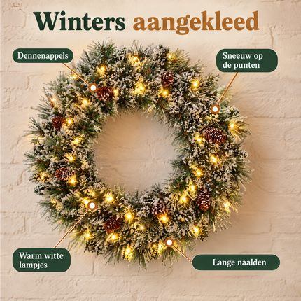 infographic opus55 infographic 2 - Cheqo® Kerstkrans 60 cm met Sneeuw en Verlichting Warm Wit