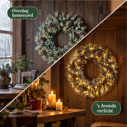 infographic opus55 infographic 4 - Cheqo® Kerstkrans 60 cm met Sneeuw en Verlichting Warm Wit