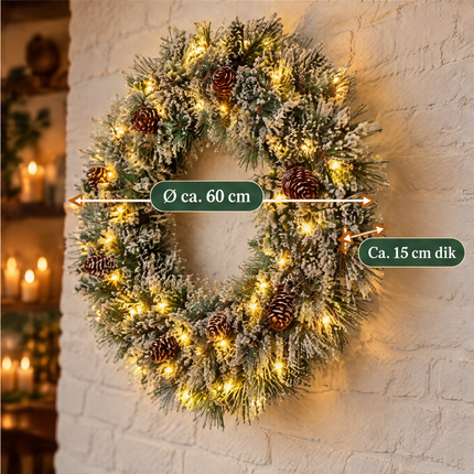 infographic opus55 infographic 5 - Cheqo® Kerstkrans 60 cm met Sneeuw en Verlichting Warm Wit