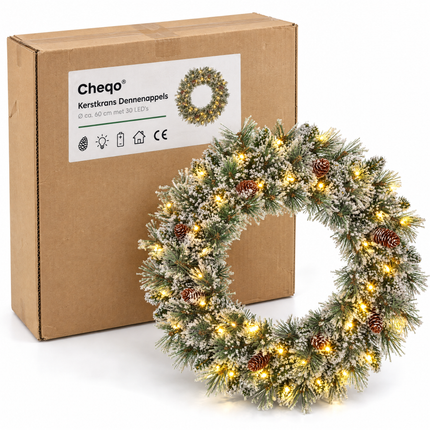 infographic opus55 verpakking - Cheqo® Kerstkrans 60 cm met Sneeuw en Verlichting Warm Wit