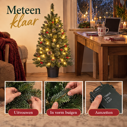 infographic opus55 infographic 5 - Cheqo® Mini Kerstboom 90 cm met Witte Naaldpuntjes en Verlichting Warm Wit